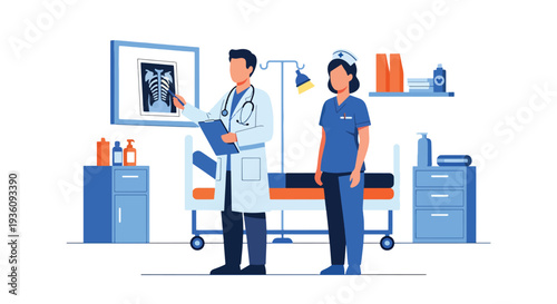 Modern flat vector illustration of doctor examining X-ray image with nurse representing diagnostic imaging, analysis and professional healthcare evaluation