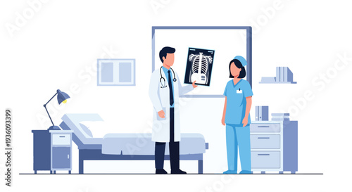 Modern flat vector illustration of doctor examining X-ray image with nurse representing diagnostic imaging, analysis and professional healthcare evaluation