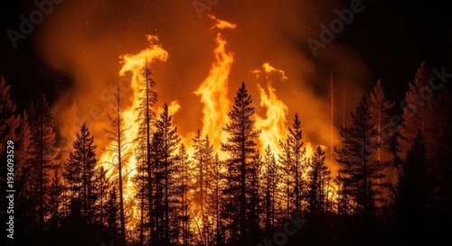 Forest ablaze at night, flames engulfing trees against a dark sky, causing intense heat