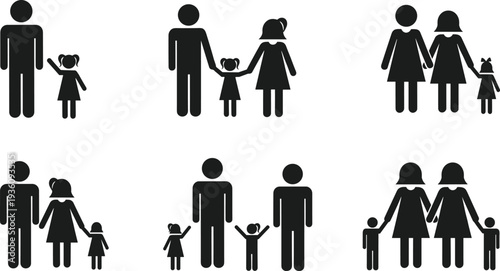 Family silhouette icons showing parents and children, diverse household relationships, black pictogram people symbols, parenting, love, unity, minimal vector illustration
