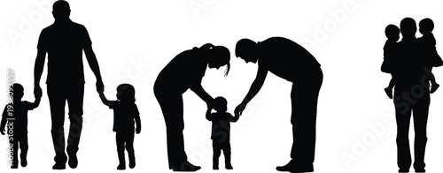Family silhouette scenes showing parents and children bonding, walking, caring, parenting moments, love, protection, lifestyle concept, minimal black vector illustration