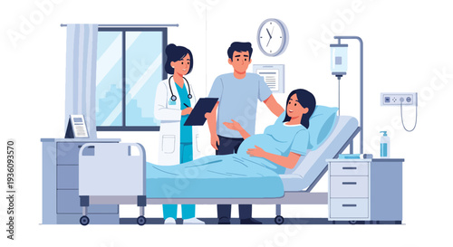 Modern flat vector illustration of doctor assisting pregnant woman in maternity ward representing childbirth care, family healthcare and hospital support service