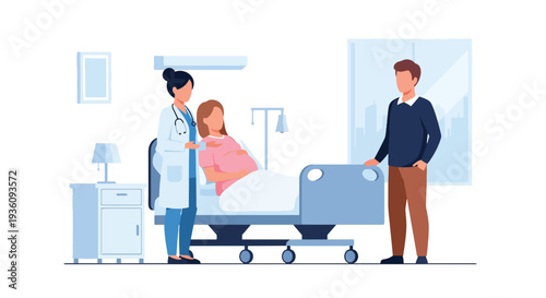 Modern flat vector illustration of doctor assisting pregnant woman in maternity ward representing childbirth care, family healthcare and hospital support service