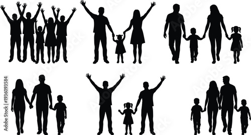 Family silhouette set parents and children walking standing happy family people vector illustration isolated collection