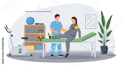 Modern flat vector illustration of physiotherapist helping patient with rehabilitation exercises representing recovery treatment, mobility improvement and healthcare therapy