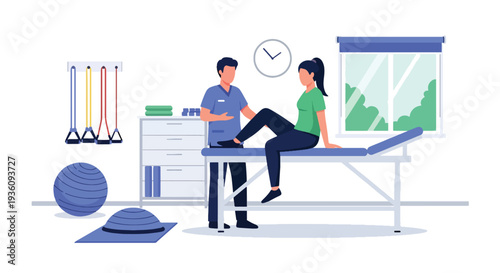 Modern flat vector illustration of physiotherapist helping patient with rehabilitation exercises representing recovery treatment, mobility improvement and healthcare therapy