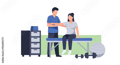 Modern flat vector illustration of physiotherapist helping patient with rehabilitation exercises representing recovery treatment, mobility improvement and healthcare therapy