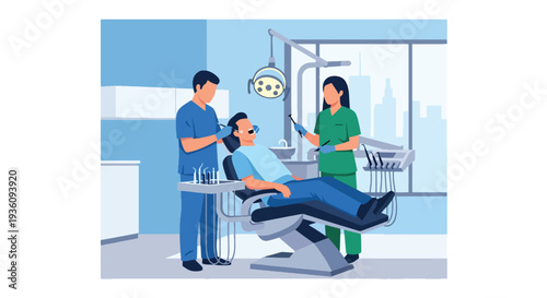 Modern flat vector illustration of dentist treating patient in dental chair representing oral healthcare, hygiene treatment and professional dental clinic service