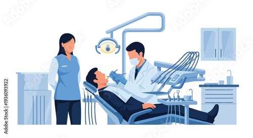 Modern flat vector illustration of dentist treating patient in dental chair representing oral healthcare, hygiene treatment and professional dental clinic service