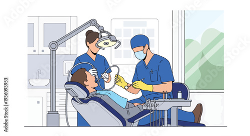 Modern flat vector illustration of dentist treating patient in dental chair representing oral healthcare, hygiene treatment and professional dental clinic service