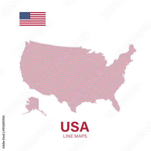 USA Map Line Art with American Flag and Diagonal Stripes