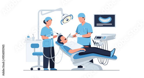 Modern flat vector illustration of dentist treating patient in dental chair representing oral healthcare, hygiene treatment and professional dental clinic service