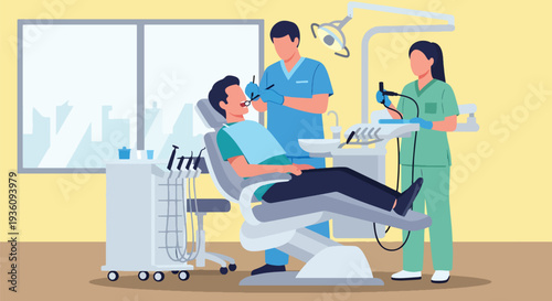 Modern flat vector illustration of dentist treating patient in dental chair representing oral healthcare, hygiene treatment and professional dental clinic service