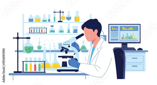Modern flat vector illustration of laboratory technician analyzing samples with microscope representing medical research, diagnostics and scientific healthcare testing