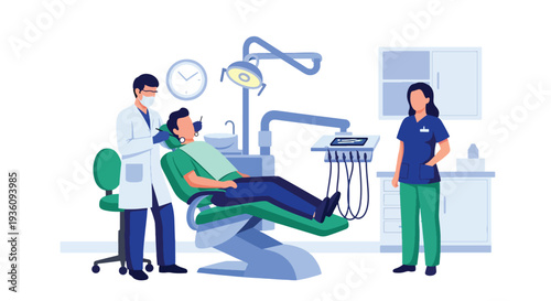Modern flat vector illustration of dentist treating patient in dental chair representing oral healthcare, hygiene treatment and professional dental clinic service