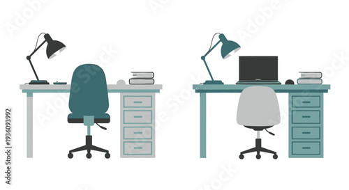 Set of 2 office desks with chairs and lamps vector