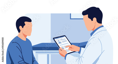 Modern flat vector illustration of doctor using tablet for digital medical records during consultation representing modern healthcare technology and data management