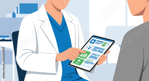 Modern flat vector illustration of doctor using tablet for digital medical records during consultation representing modern healthcare technology and data management