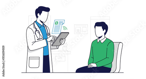 Modern flat vector illustration of doctor using tablet for digital medical records during consultation representing modern healthcare technology and data management