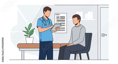 Modern flat vector illustration of doctor using tablet for digital medical records during consultation representing modern healthcare technology and data management