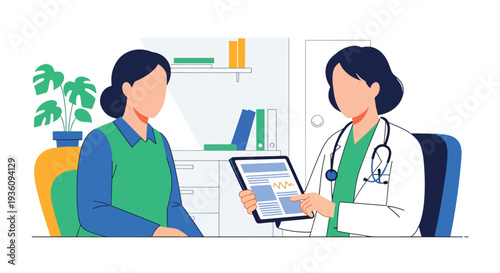Modern flat vector illustration of doctor using tablet for digital medical records during consultation representing modern healthcare technology and data management