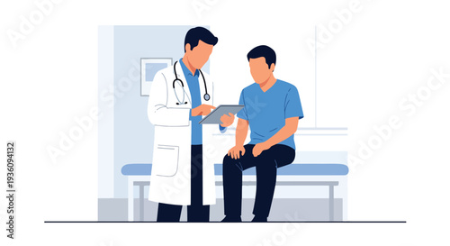 Modern flat vector illustration of doctor using tablet for digital medical records during consultation representing modern healthcare technology and data management