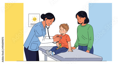 Modern flat vector illustration of pediatrician examining child with stethoscope while parent stands nearby representing family healthcare and child wellness