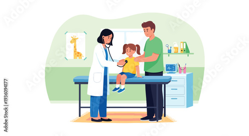 Modern flat vector illustration of pediatrician examining child with stethoscope while parent stands nearby representing family healthcare and child wellness