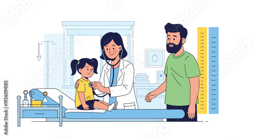 Modern flat vector illustration of pediatrician examining child with stethoscope while parent stands nearby representing family healthcare and child wellness