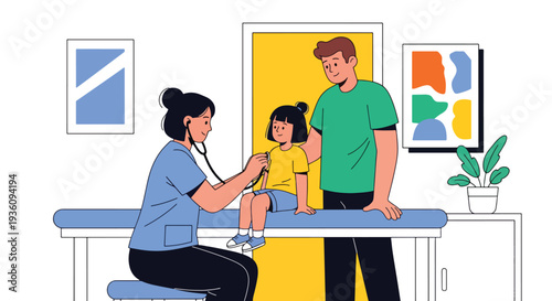 Modern flat vector illustration of pediatrician examining child with stethoscope while parent stands nearby representing family healthcare and child wellness