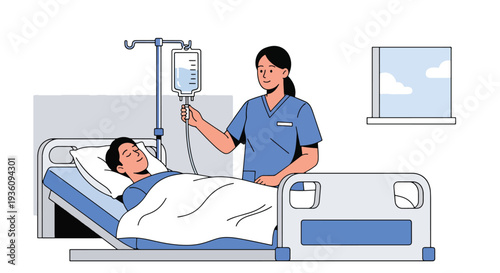 Modern flat vector illustration of nurse checking IV drip for patient on hospital bed representing inpatient care, treatment monitoring and medical support