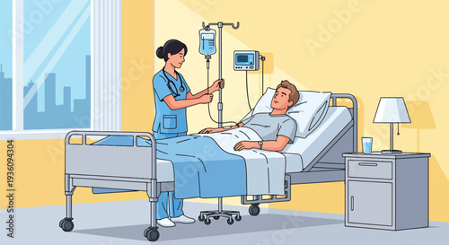 Modern flat vector illustration of nurse checking IV drip for patient on hospital bed representing inpatient care, treatment monitoring and medical support