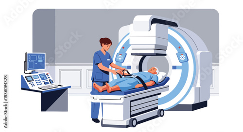 Modern flat vector illustration of radiology technician preparing patient for scan representing diagnostic imaging and modern healthcare technology service