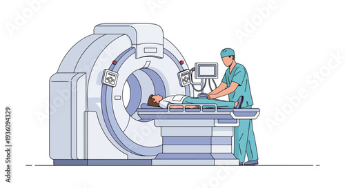 Modern flat vector illustration of radiology technician preparing patient for scan representing diagnostic imaging and modern healthcare technology service