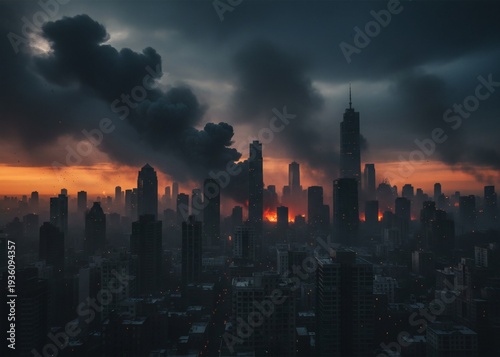 Dramatic cityscape under vibrant sunset with dark clouds suitable for urban and weatherrelated themes in graphic design projects.