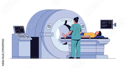 Modern flat vector illustration of radiology technician preparing patient for scan representing diagnostic imaging and modern healthcare technology service