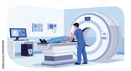 Modern flat vector illustration of radiology technician preparing patient for scan representing diagnostic imaging and modern healthcare technology service