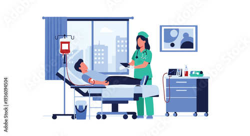 Modern flat vector illustration of blood donation session with donor and nurse representing community healthcare support and lifesaving medical service