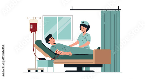 Modern flat vector illustration of blood donation session with donor and nurse representing community healthcare support and lifesaving medical service