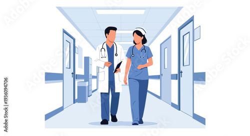 Modern flat vector illustration of doctor and nurse walking in hospital corridor discussing case representing teamwork and professional healthcare collaboration