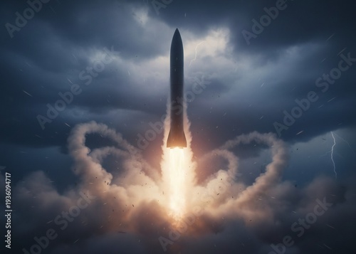 Rocket launch ascending through clouds with vapor and lightning, a dynamic and thrilling image for science, technology, and innovation concepts.