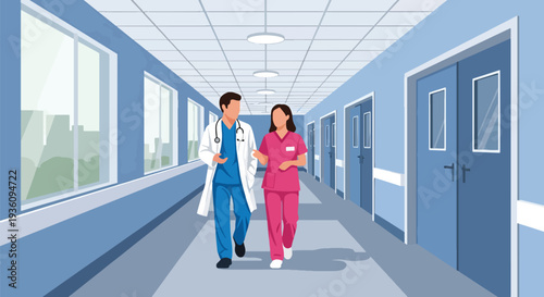 Modern flat vector illustration of doctor and nurse walking in hospital corridor discussing case representing teamwork and professional healthcare collaboration