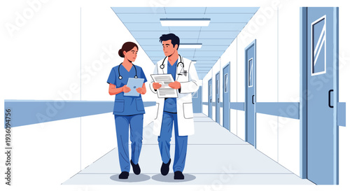 Modern flat vector illustration of doctor and nurse walking in hospital corridor discussing case representing teamwork and professional healthcare collaboration