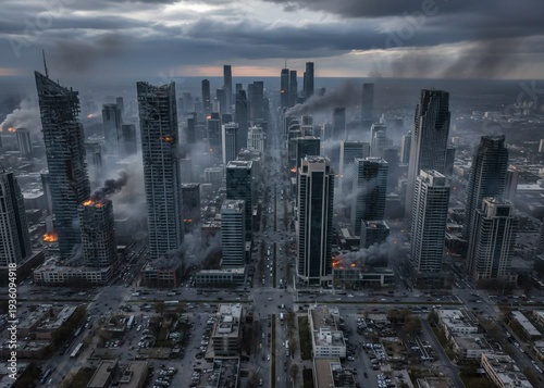 Destroyed cityscape with smoke under a dark overcast skysuitable for illustrating disaster scenarios, postapocalyptic themes, or environmental destruction concepts.