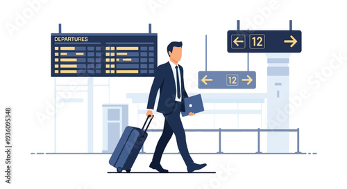 Modern flat vector illustration of business traveler walking through airport terminal with suitcase and laptop bag representing professional travel lifestyle and corporate mobility