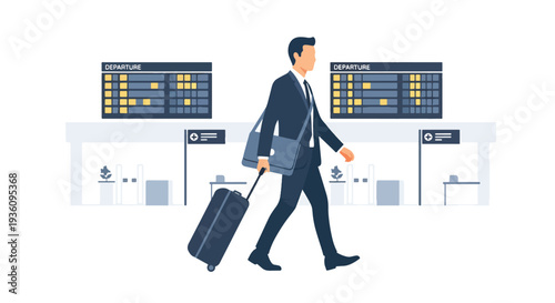 Modern flat vector illustration of business traveler walking through airport terminal with suitcase and laptop bag representing professional travel lifestyle and corporate mobility