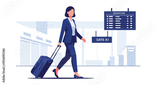 Modern flat vector illustration of business traveler walking through airport terminal with suitcase and laptop bag representing professional travel lifestyle and corporate mobility