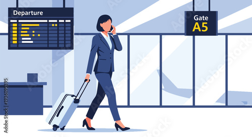 Modern flat vector illustration of business traveler walking through airport terminal with suitcase and laptop bag representing professional travel lifestyle and corporate mobility