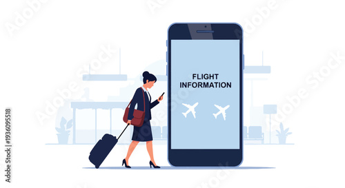 Modern flat vector illustration of businesswoman checking flight details on smartphone while holding luggage representing organized corporate travel planning and schedule management