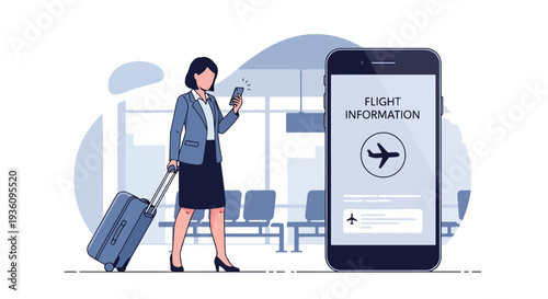 Modern flat vector illustration of businesswoman checking flight details on smartphone while holding luggage representing organized corporate travel planning and schedule management